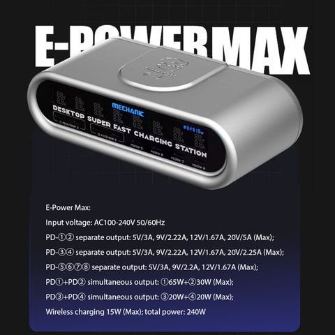 Сетевое зарядное устройство Mechanic E-Power Max, 240 Вт, Power Delivery (PD), с беспроводной зарядкой, 8 портов Превью 1