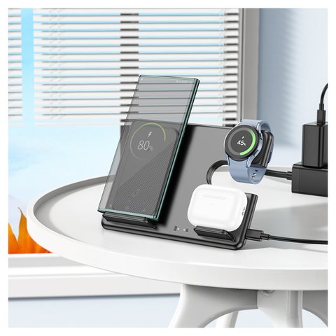 Безпровідний зарядний пристрій Hoco CQ2 3-in-1, Quick Charge, чорне, USB тип-C, 15 Вт, розкладне, настільний, SAM watch, #6942007602327 Прев'ю 3